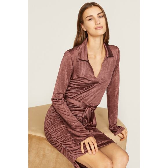 Louna Brown Jersey Long Sleeve Ruched Belted Collared Mini Dress Size XL - Picture 4 of 15